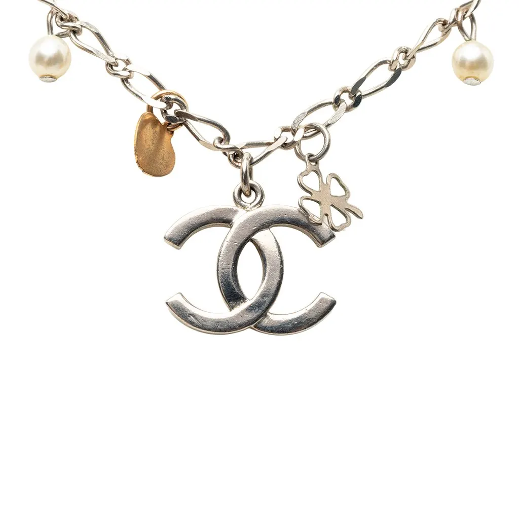 Chanel CC Brass and Gold Plated Faux Pearl Lucky Charm Necklace Silver Metal Very good - Inside View