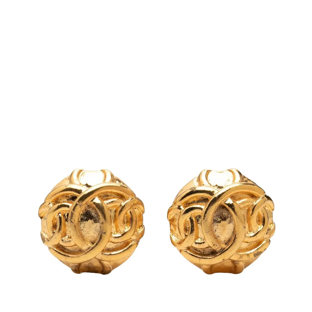 Chanel CC Gold Plated Round Clip On Earrings Gold Metal Very good - Front View