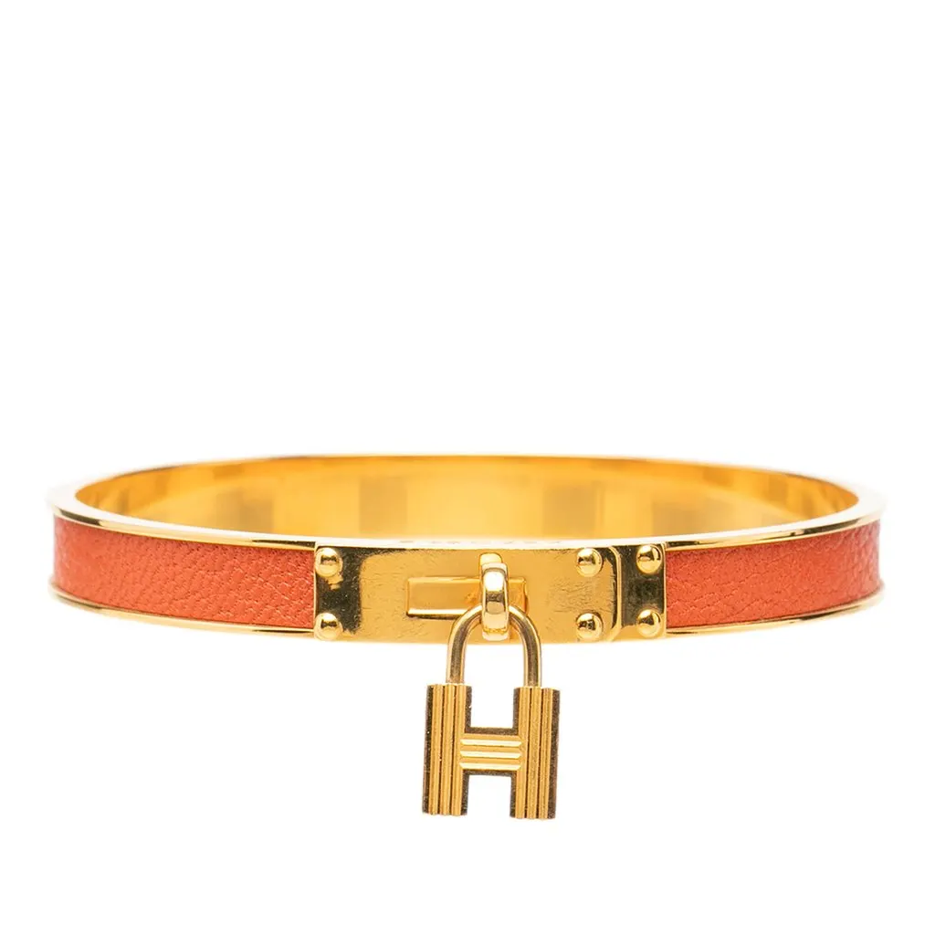 Hermès Gold Plated Leather Kelly Cadena Lock Bangle Bracelet Orange Leather Very good - Front View