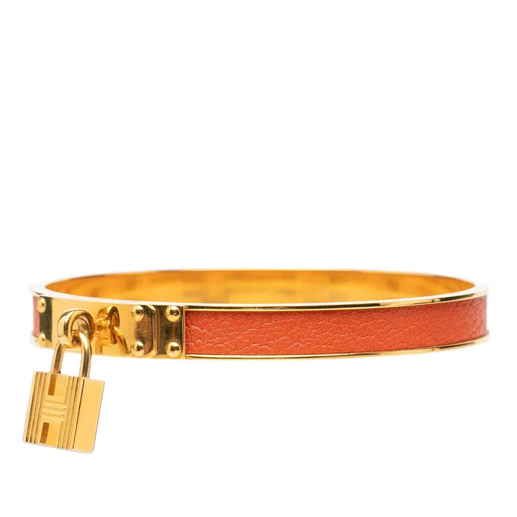 Hermès Gold Plated Leather Kelly Cadena Lock Bangle Bracelet Orange Leather Very good - Back View