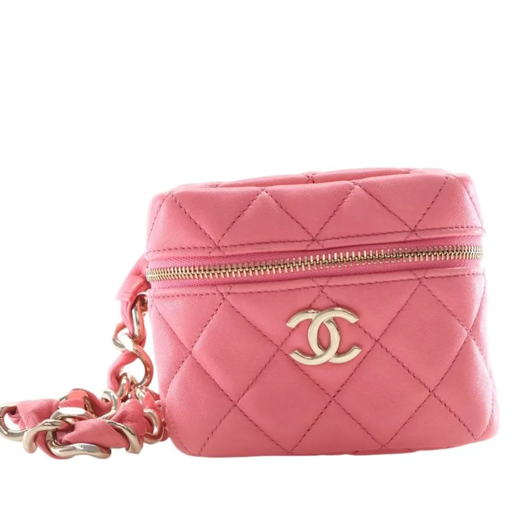 Chanel Quilted Lambskin Cube Chain Wristlet Case Pink Leather Good - Front View