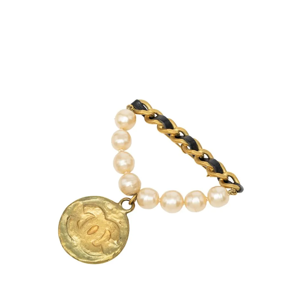 Chanel CC Gold Plated Faux Pearl Chain Brooch Gold Metal Very good - Back View