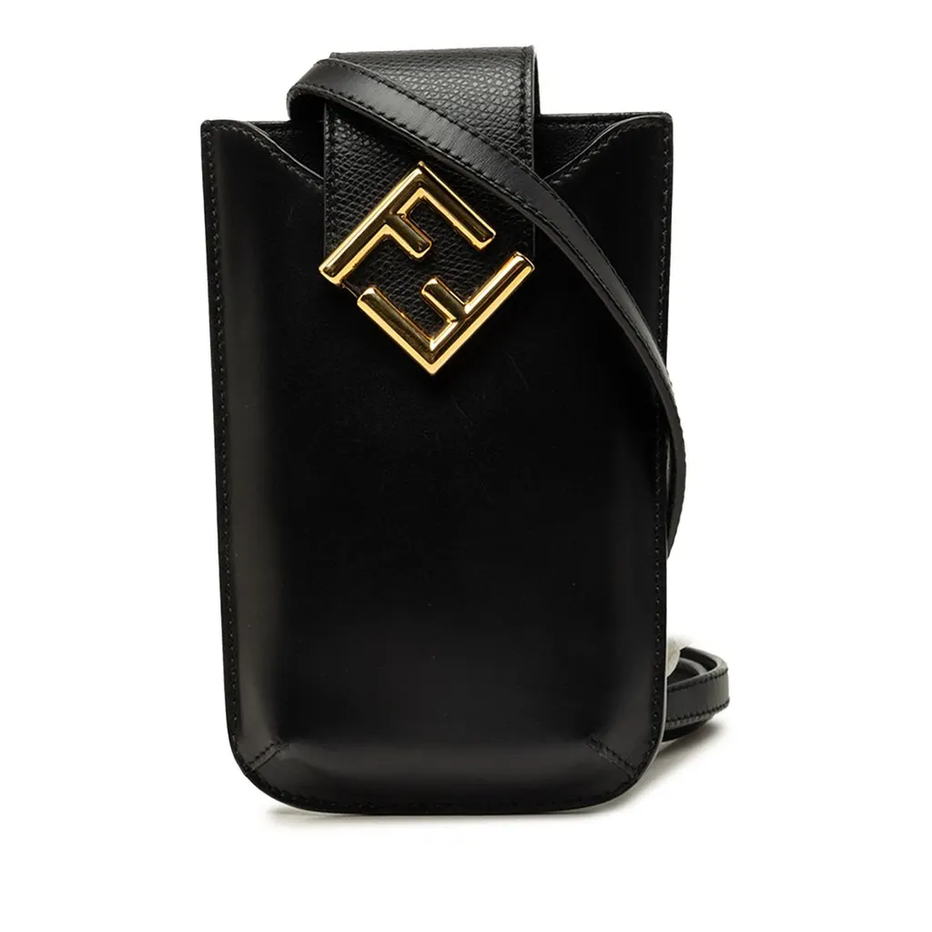 Fendi Leather FF Diamond Phone Case Crossbody Black Leather Good - Front View