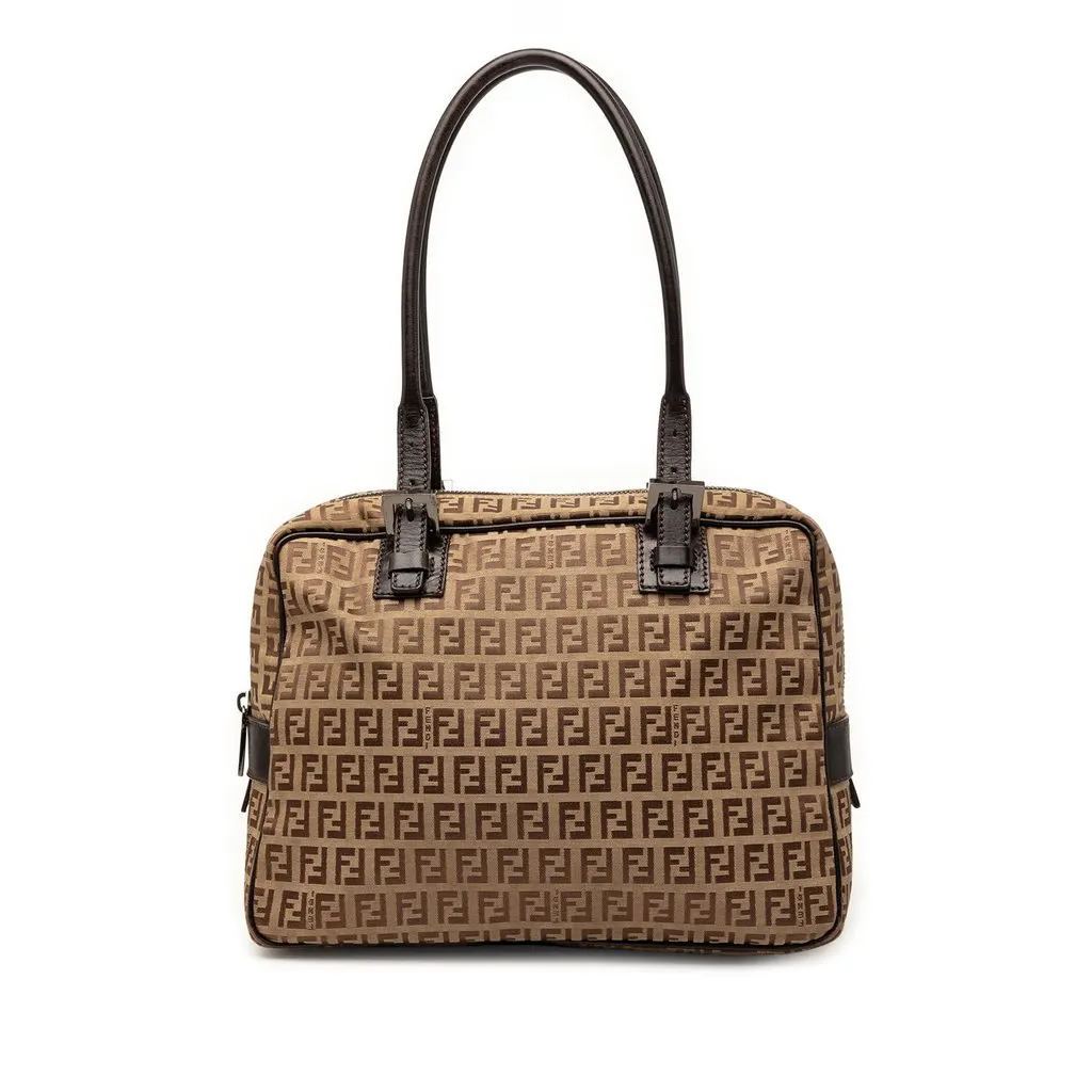 Fendi Zucchino Canvas Shoulder Bag Beige Good - Front View