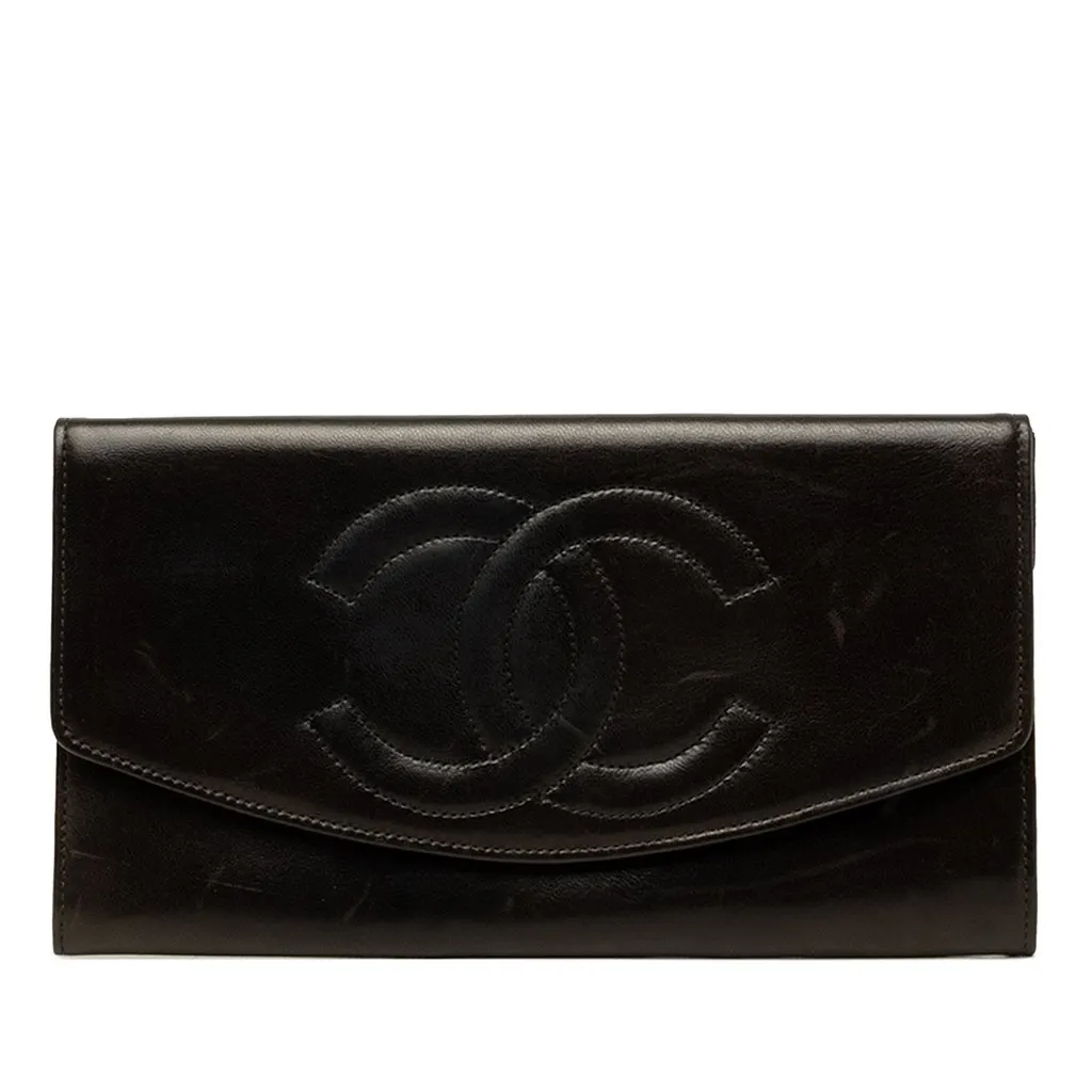 Chanel CC Lambskin Stitched Double Flap Long Wallet Black Leather Very good - Front View