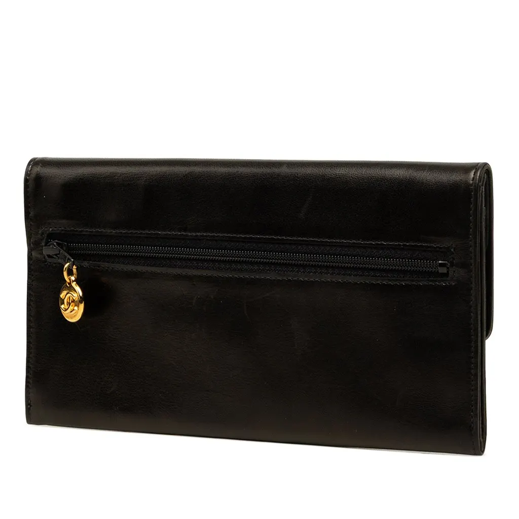 Chanel CC Lambskin Stitched Double Flap Long Wallet Black Leather Very good - Back View