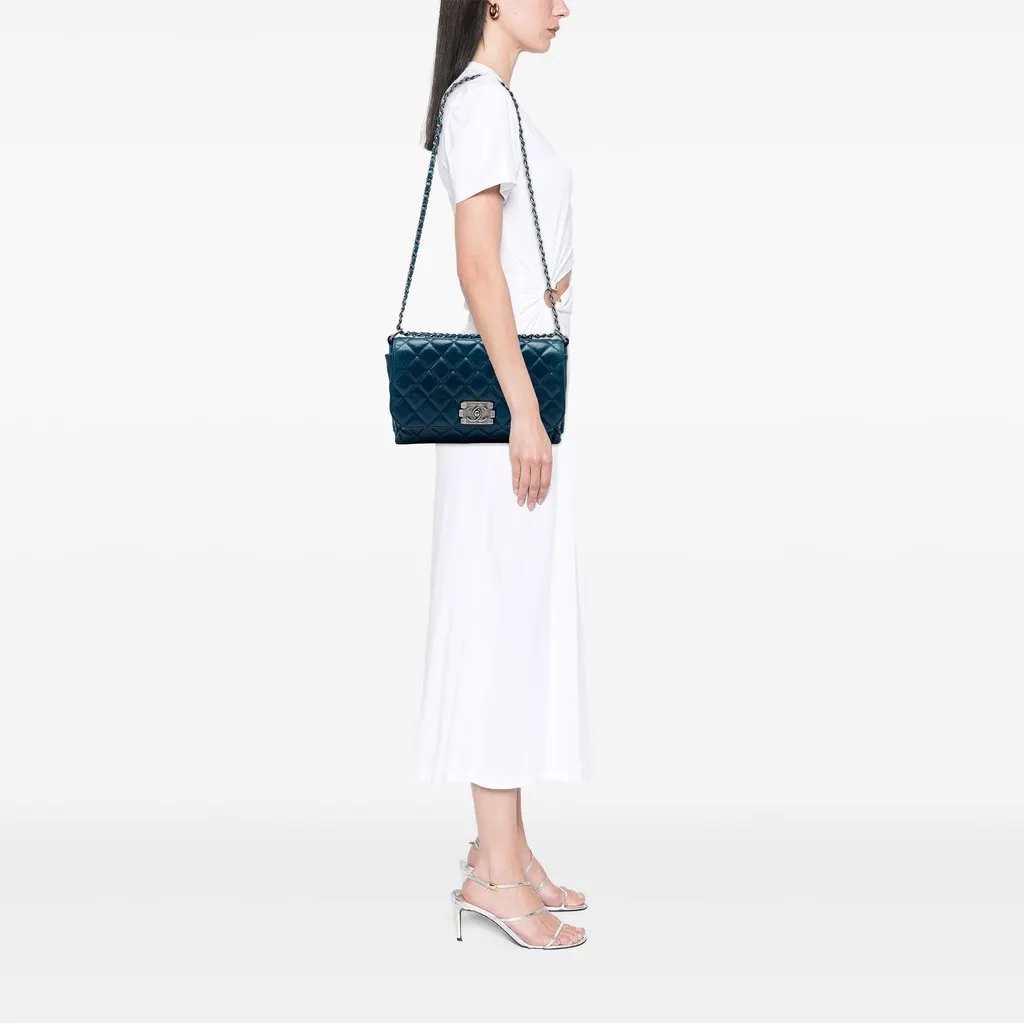Chanel Quilted Glazed Calfskin Soft Boy Flap Blue Leather Very good - Box View