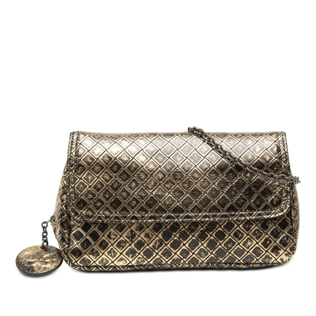 Bottega Veneta Metallic Calfskin Intrecciomirage Chain Flap Crossbody Gold Leather Very good - Front View