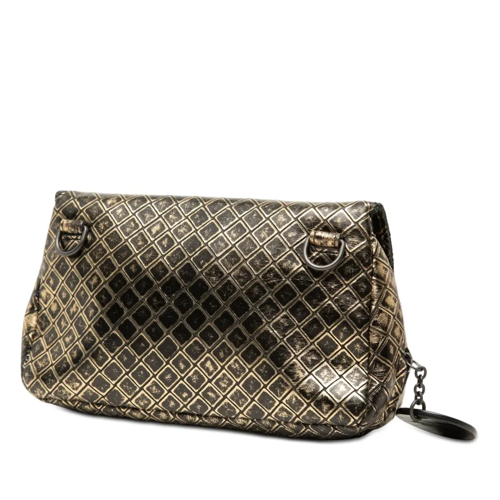 Bottega Veneta Metallic Calfskin Intrecciomirage Chain Flap Crossbody Gold Leather Very good - Back View