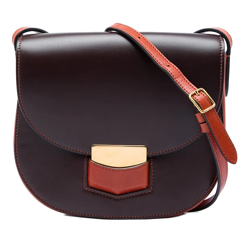 Celine Small Bicolor Glazed Calfskin Trotteur Crossbody Brown Leather Very good - Front View