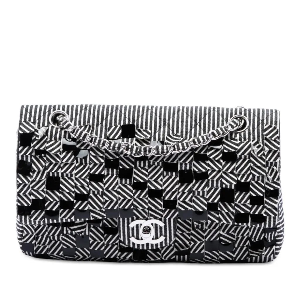 Chanel Medium Classic Canvas Sequin Stripes Double Flap Black Very good - Front View