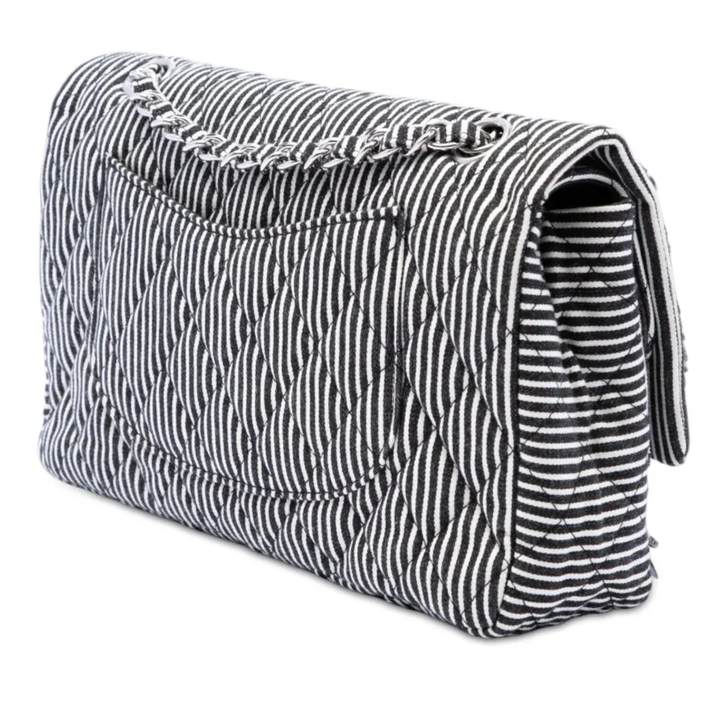 Chanel Medium Classic Canvas Sequin Stripes Double Flap Black Very good - Back View