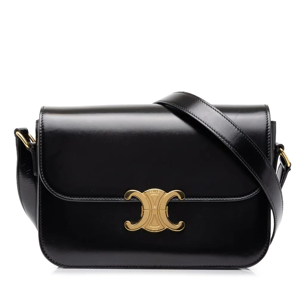 Celine Classique Shiny Calfskin Triomphe Crossbody Black Leather Very good - Front View
