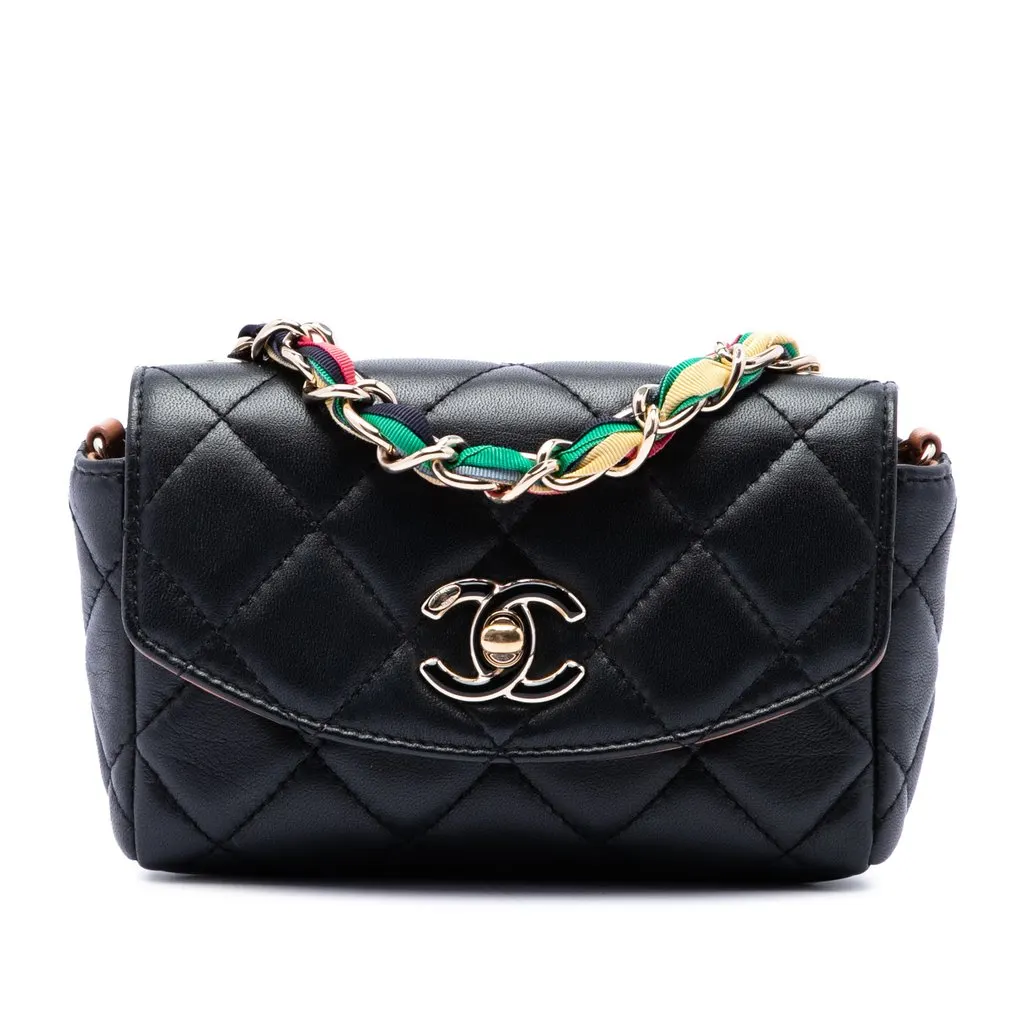 Chanel Mini Quilted Lambskin Cocovado Ribbon Chain Flap Black Leather Very good - Front View