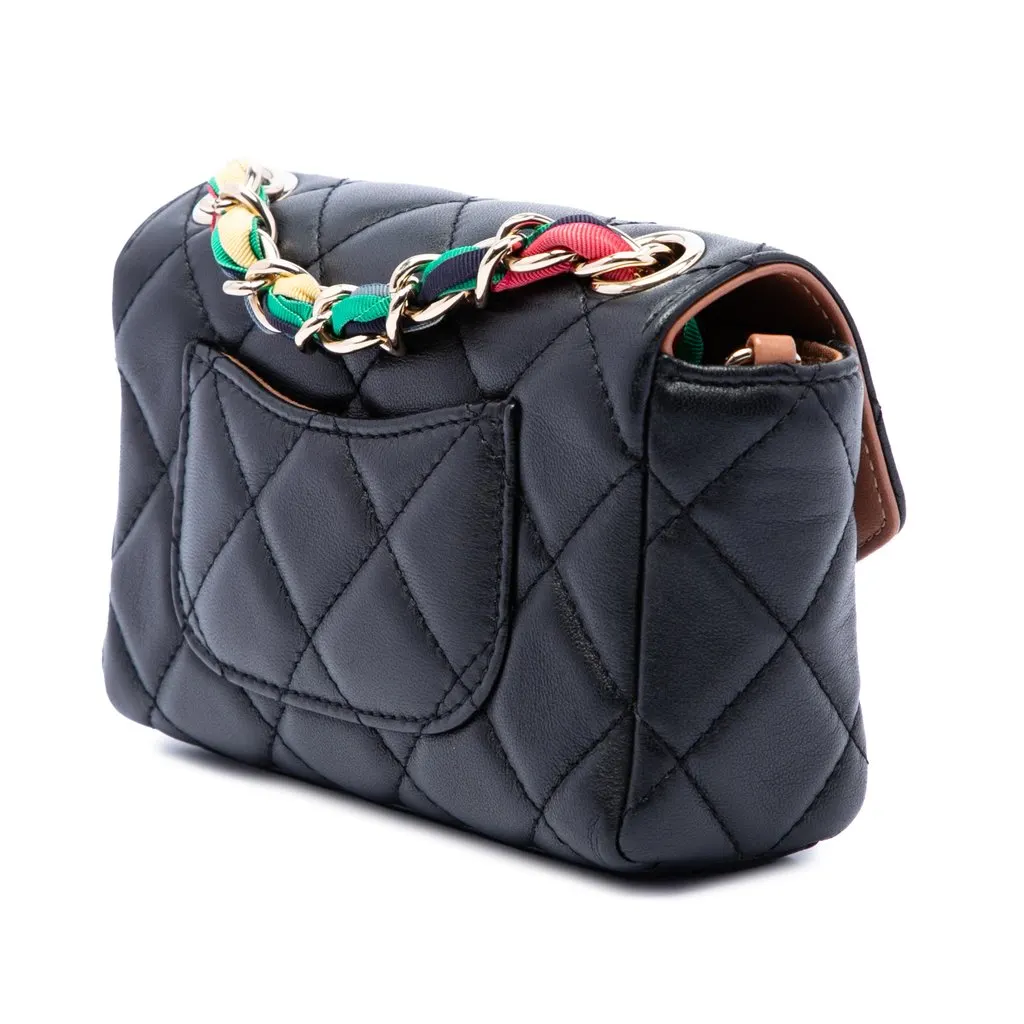 Chanel Mini Quilted Lambskin Cocovado Ribbon Chain Flap Black Leather Very good - Back View