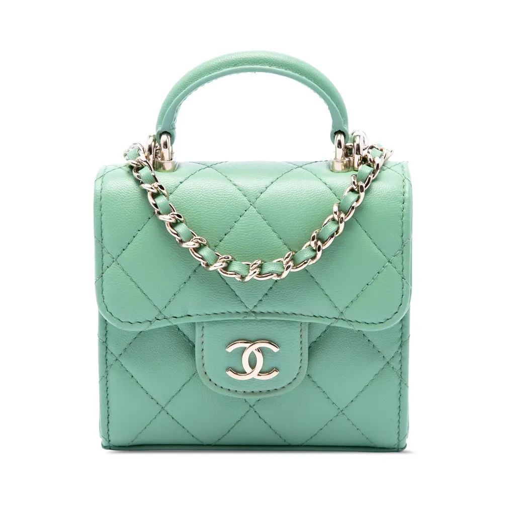 Chanel CC Quilted Lambskin Top Handle Flap Coin Purse with Chain Green Leather Very good - Front View