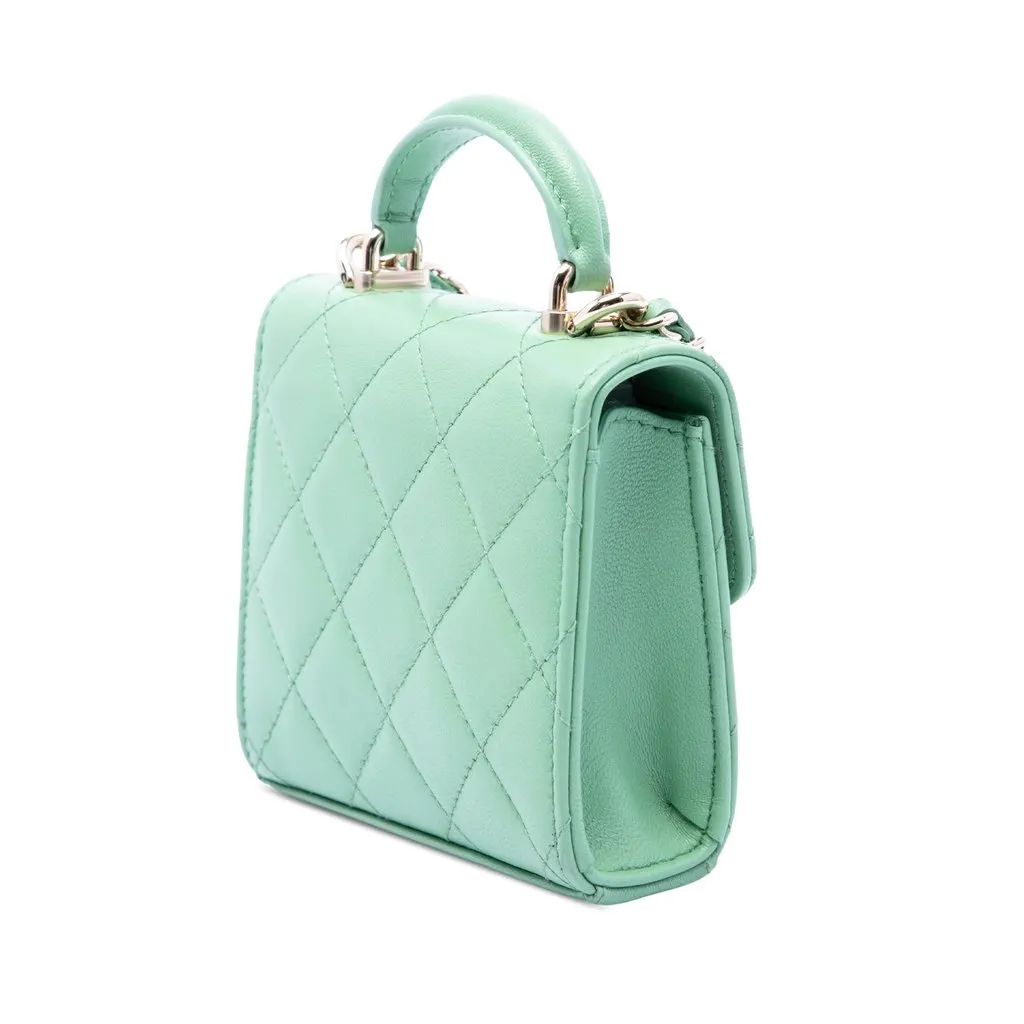Chanel CC Quilted Lambskin Top Handle Flap Coin Purse with Chain Green Leather Very good - Back View