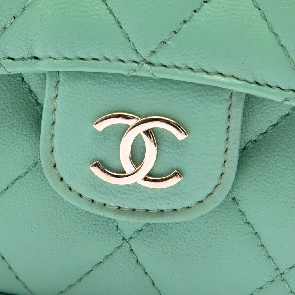 Chanel CC Quilted Lambskin Top Handle Flap Coin Purse with Chain Green Leather Very good - Box View