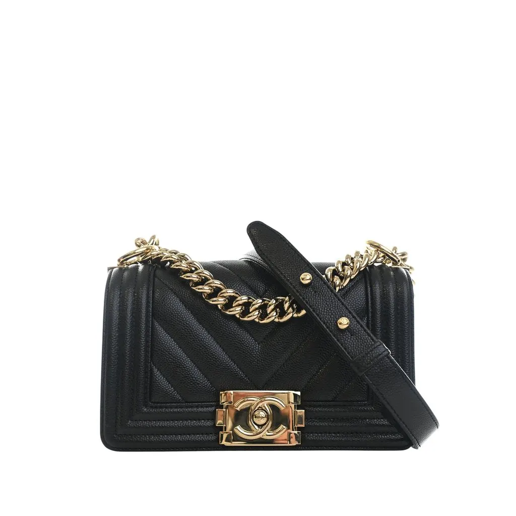 Chanel Small Chevron Caviar Boy Flap Black Leather Very good - Front View