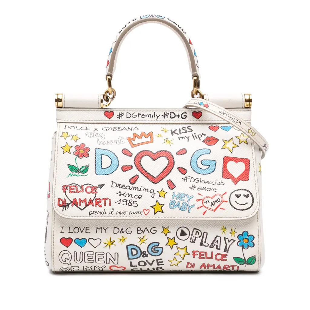 Dolce & Gabbana Small Dauphine Graffiti Printed Leather Miss Sicily Satchel White Leather Very good - Front View