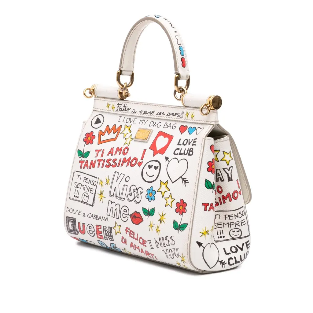 Dolce & Gabbana Small Dauphine Graffiti Printed Leather Miss Sicily Satchel White Leather Very good - Back View