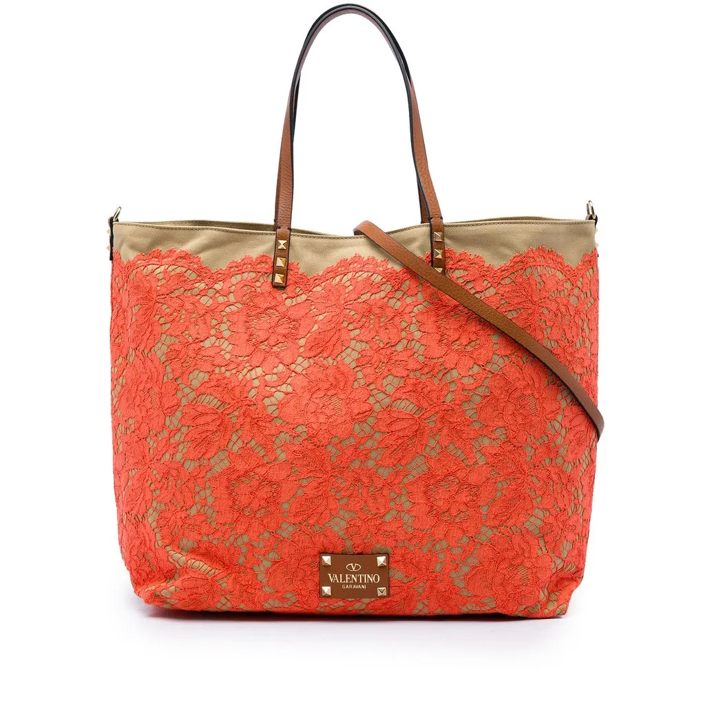 Valentino Canvas Rockstud Glam Lace Reversible Tote Orange Very good - Front View