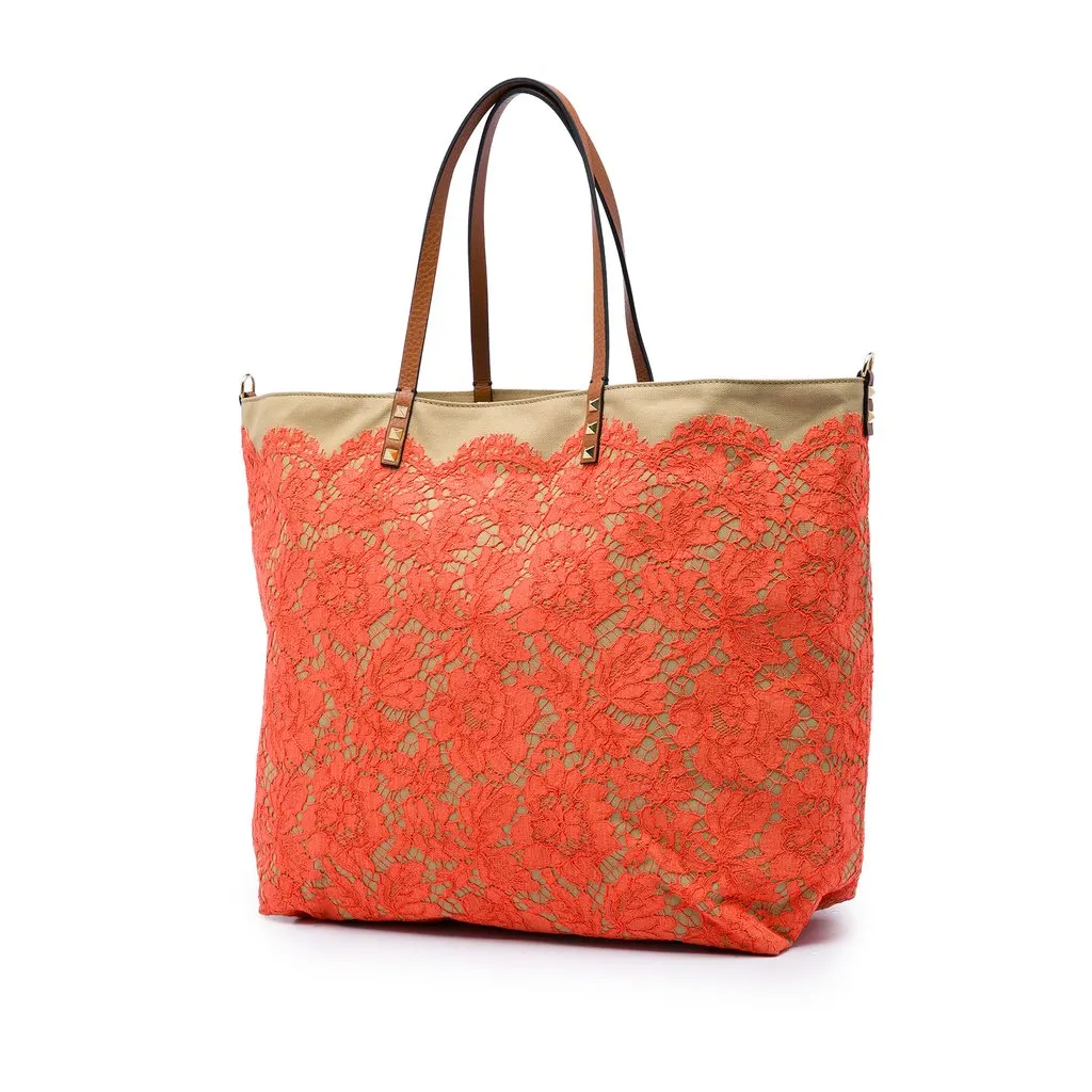Valentino Canvas Rockstud Glam Lace Reversible Tote Orange Very good - Back View