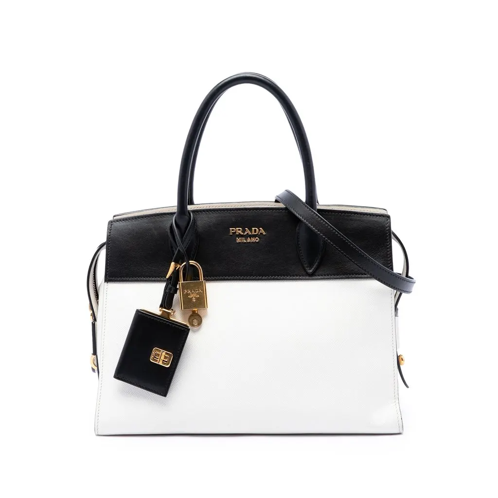 Prada Bicolor Saffiano and City Calf Esplanade Satchel White Leather Good - Front View