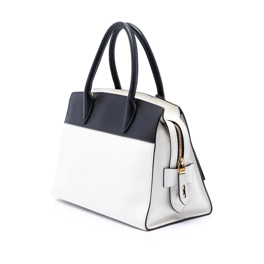 Prada Bicolor Saffiano and City Calf Esplanade Satchel White Leather Good - Back View