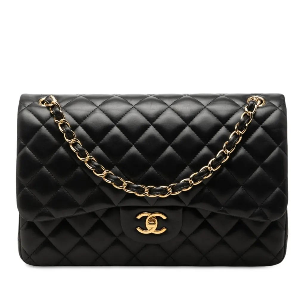 Chanel Jumbo Classic Lambskin Double Flap Black Leather Very good - Front View