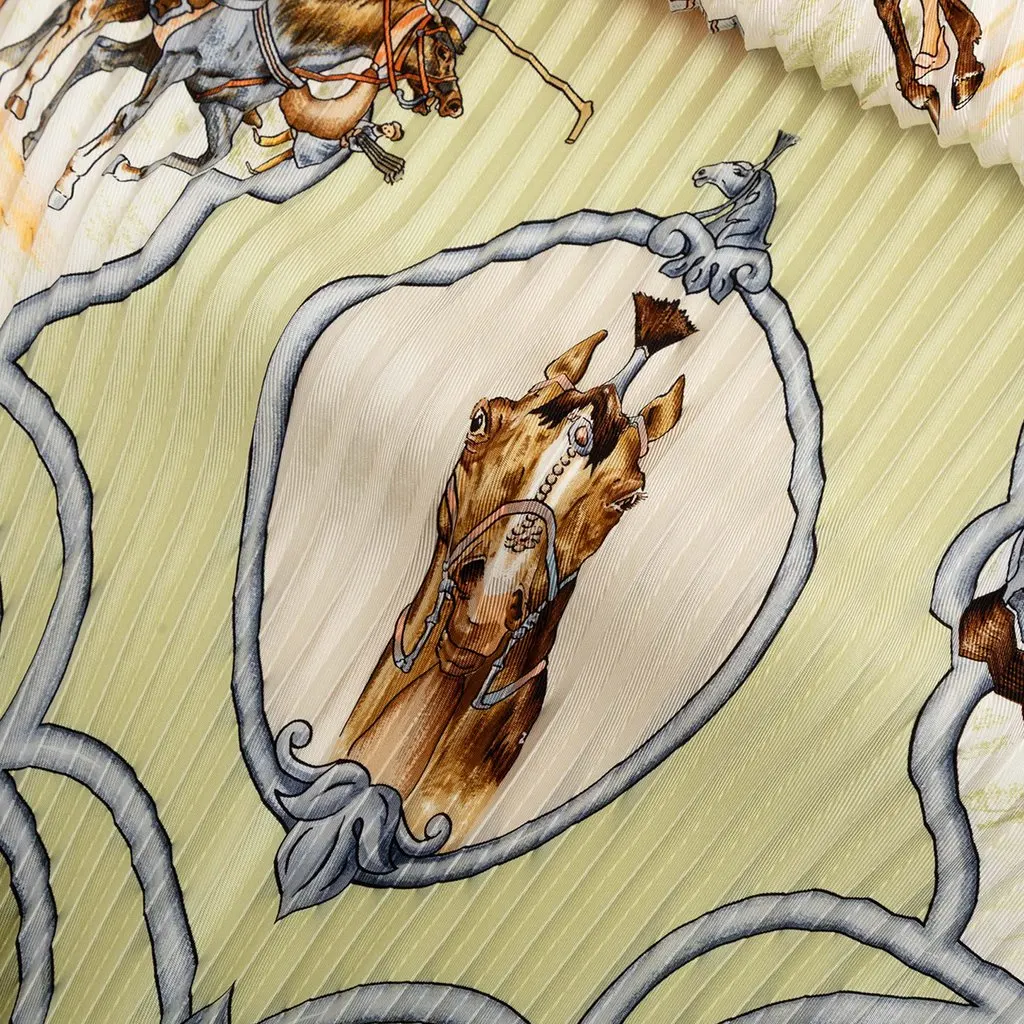 Hermès Les Chevaux des Moghols Pleated Silk Scarf Green Never worn - Model View