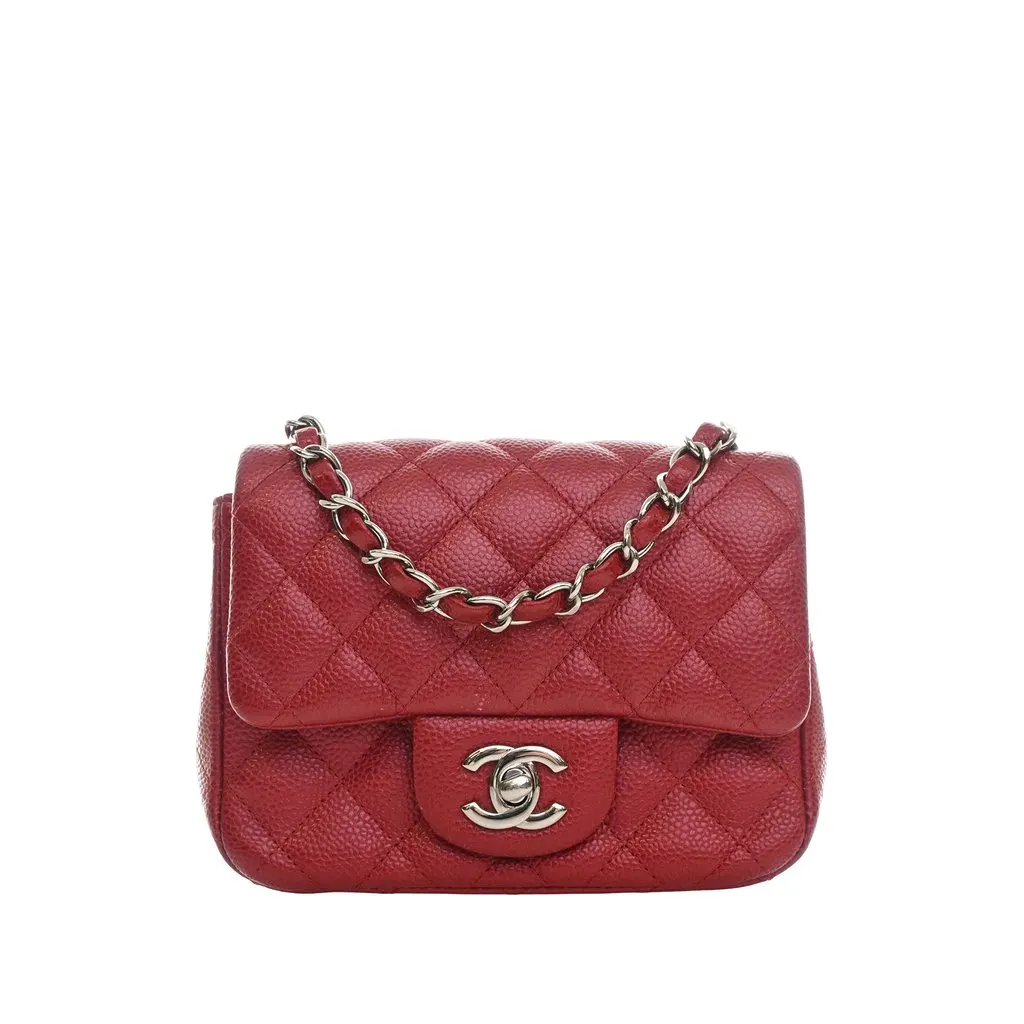 Chanel Mini Square Classic Caviar Single Flap Red Leather Very good - Front View