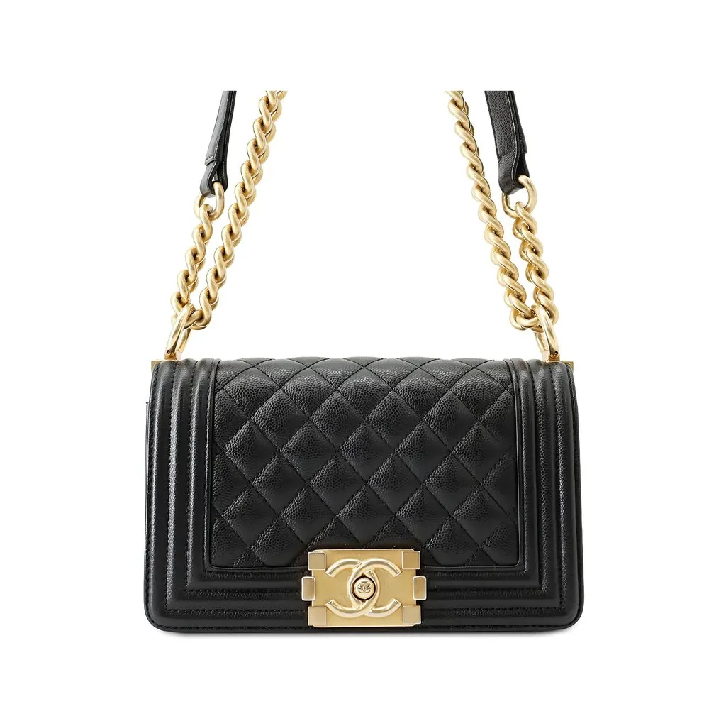 Chanel Small Quilted Caviar Boy Flap Black Leather Good - Front View
