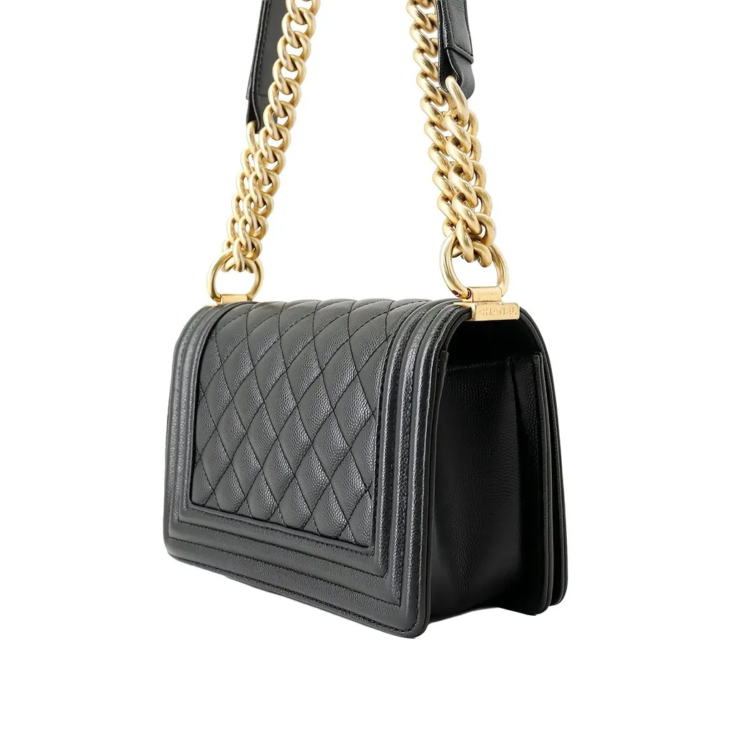 Chanel Small Quilted Caviar Boy Flap Black Leather Good - Back View