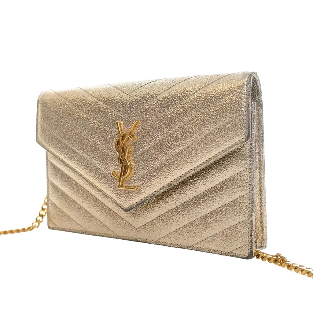 Saint Laurent Metallic Crackled Chevron Calfskin Monogram Envelope Chain Wallet Gold Leather Very good - Back View