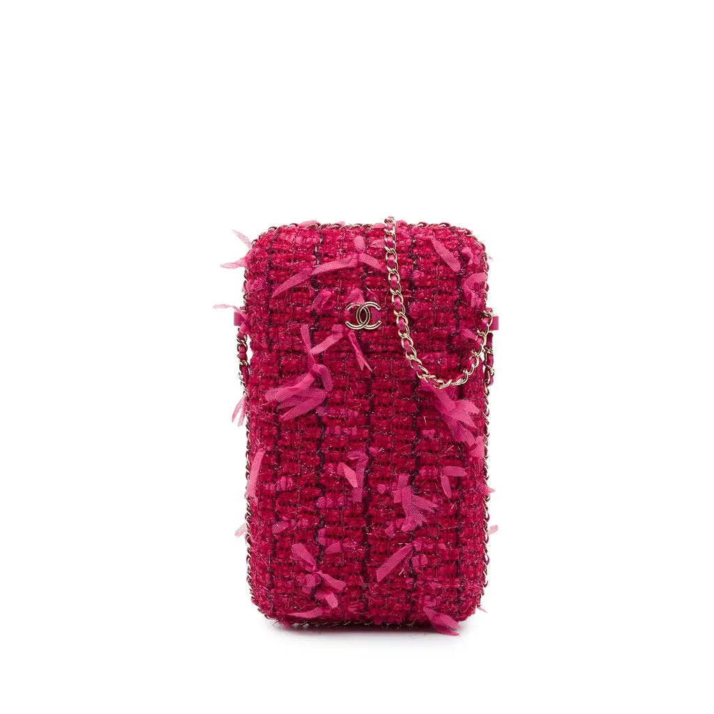 Chanel Tweed Chain Around Phone Holder Pink Tweed Very good - Front View