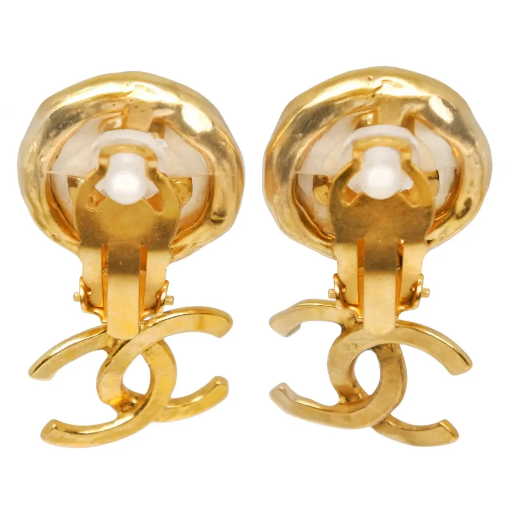 Chanel CC Gold Plated Faux Pearl Drop Clip On Earrings Gold Metal Very good - Back View
