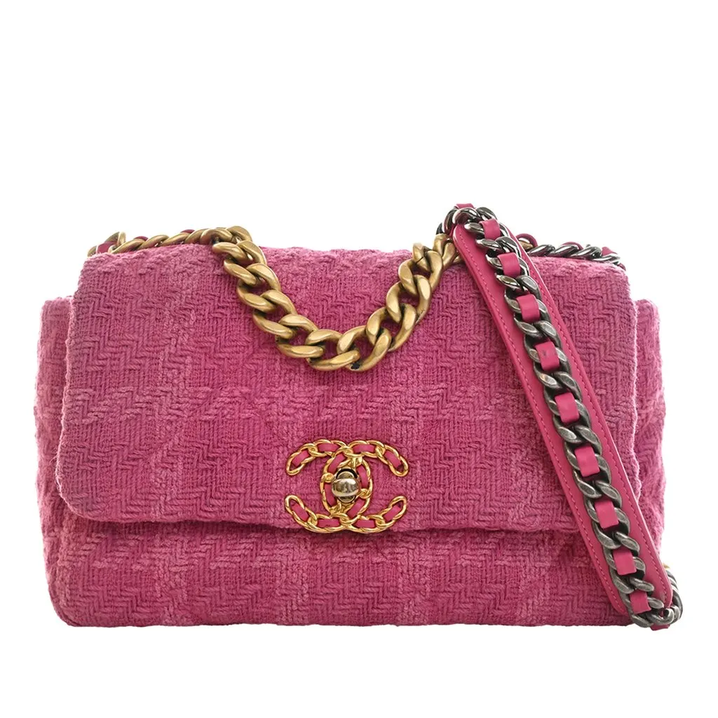 Chanel Medium Tweed 19 Flap Pink Very good - Front View