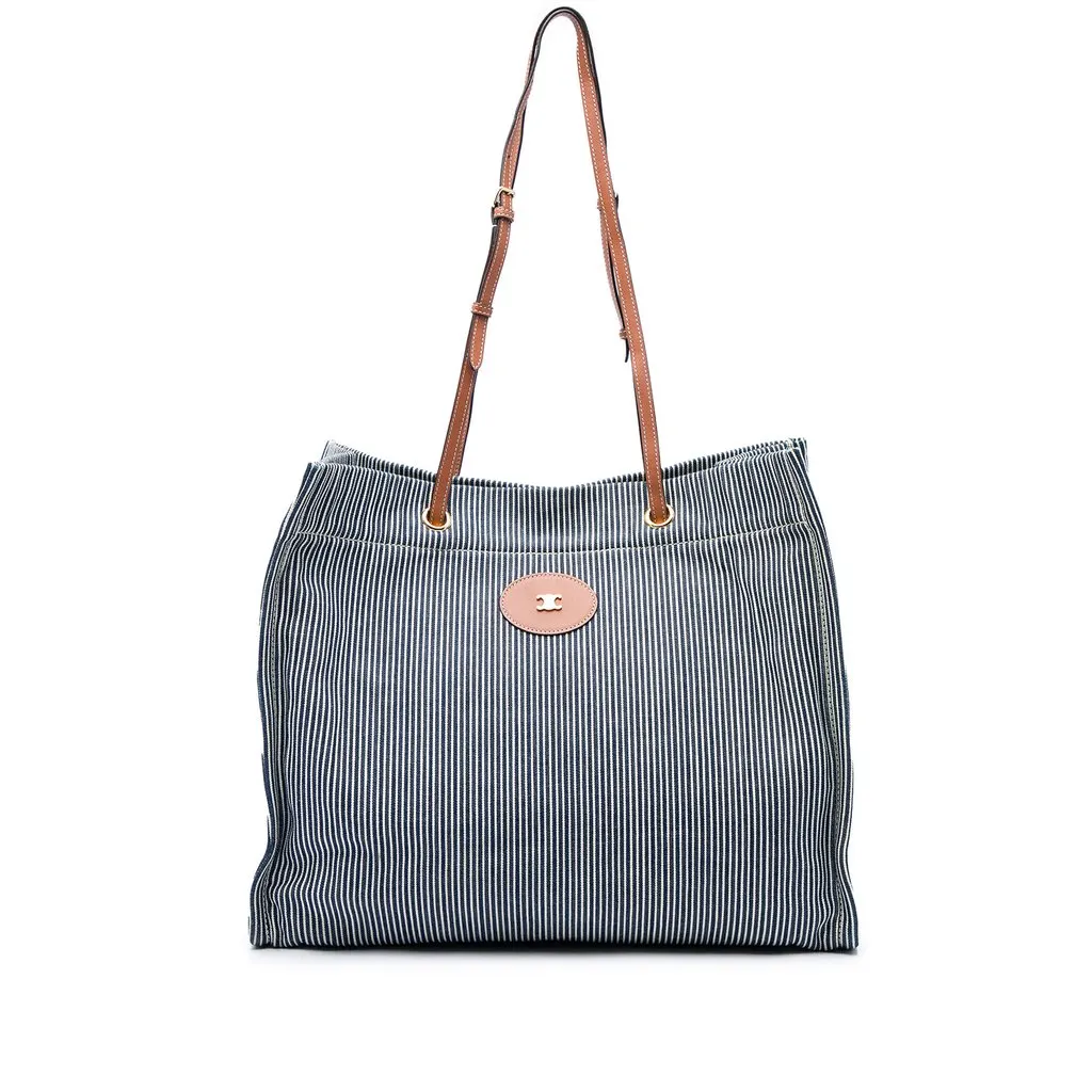 Celine Striped Textile and Calfskin Squared Cabas Tote Blue Canvas Very good - Front View