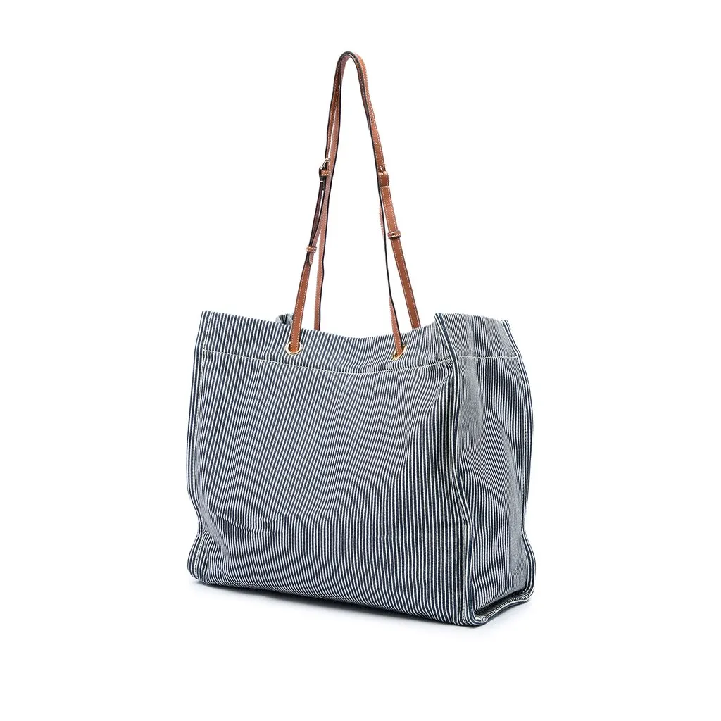 Celine Striped Textile and Calfskin Squared Cabas Tote Blue Canvas Very good - Back View