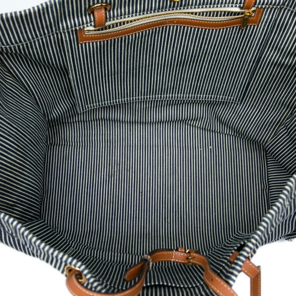 Celine Striped Textile and Calfskin Squared Cabas Tote Blue Canvas Very good - Model View