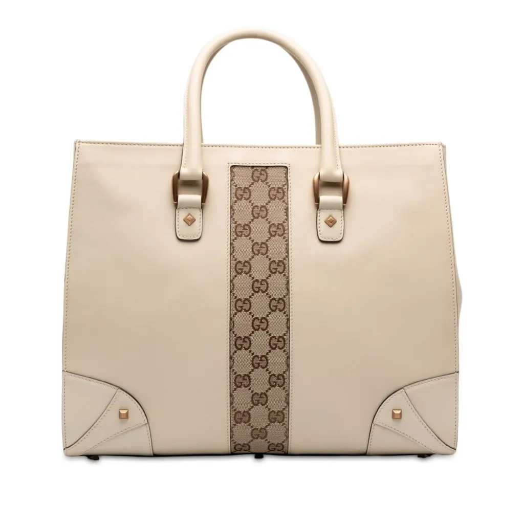 Gucci Calfskin and GG Canvas Nailhead Tote White Leather Very good - Front View