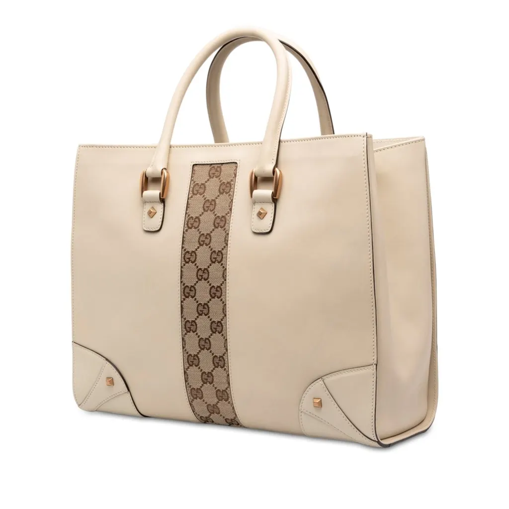 Gucci Calfskin and GG Canvas Nailhead Tote White Leather Very good - Back View