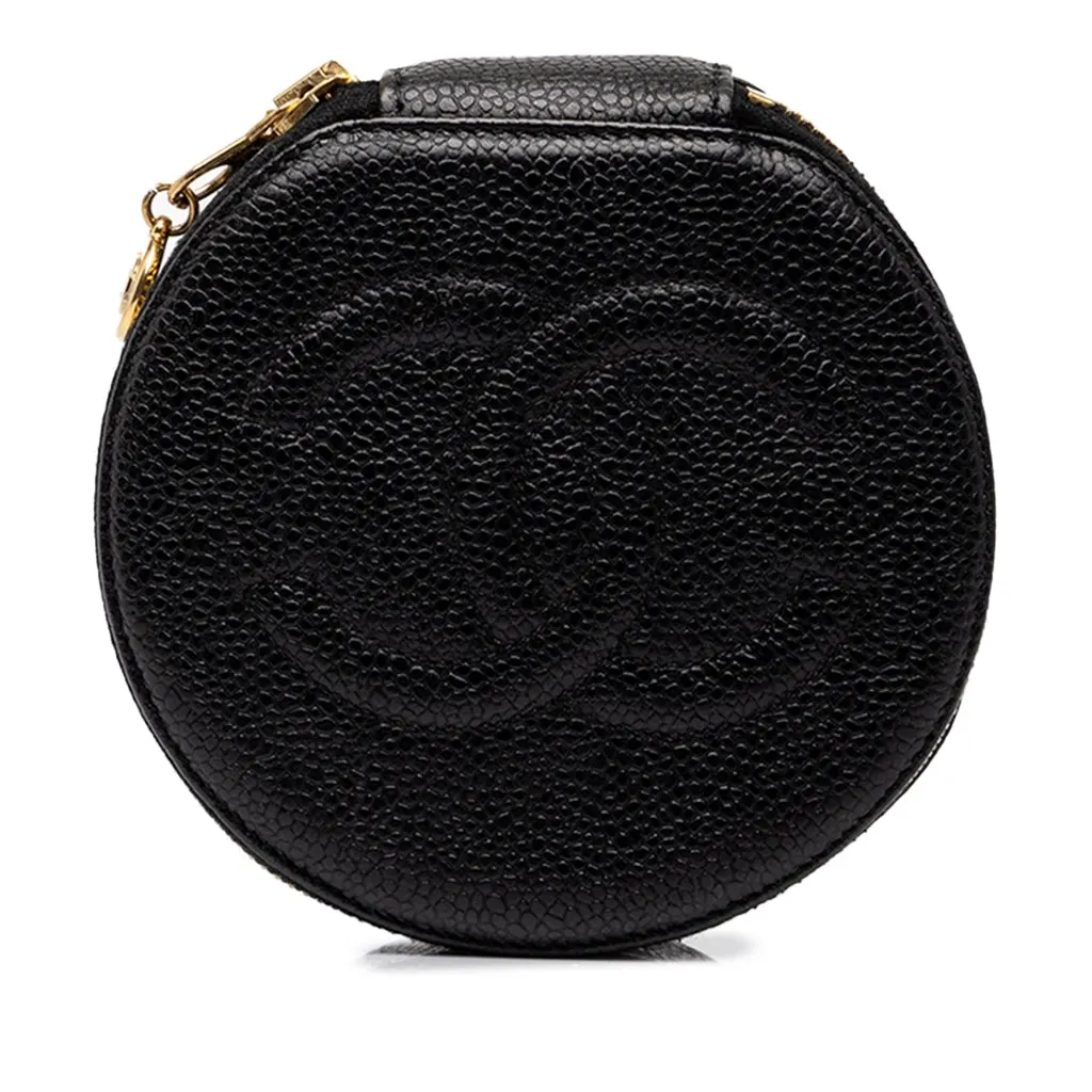 Chanel Caviar Travel Round Jewelry Case Black Leather Very good - Front View