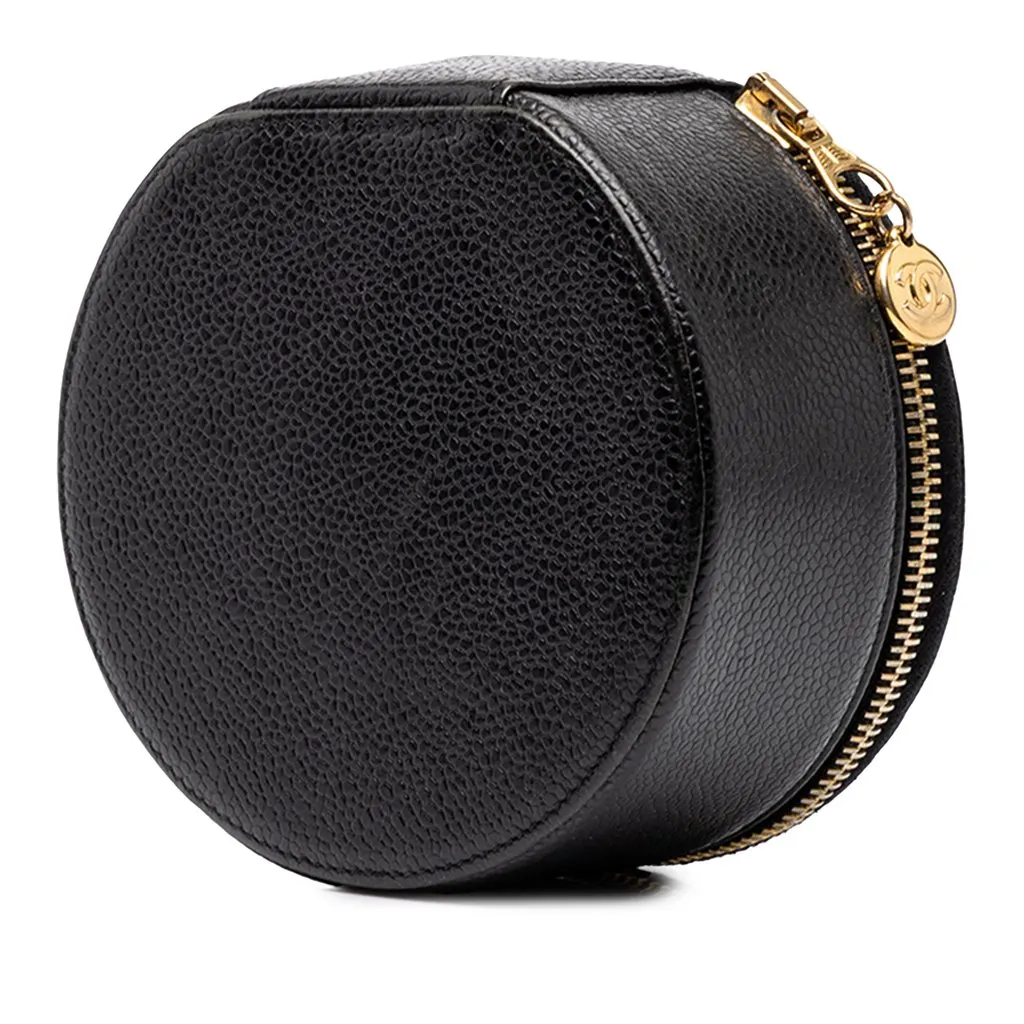 Chanel Caviar Travel Round Jewelry Case Black Leather Very good - Back View