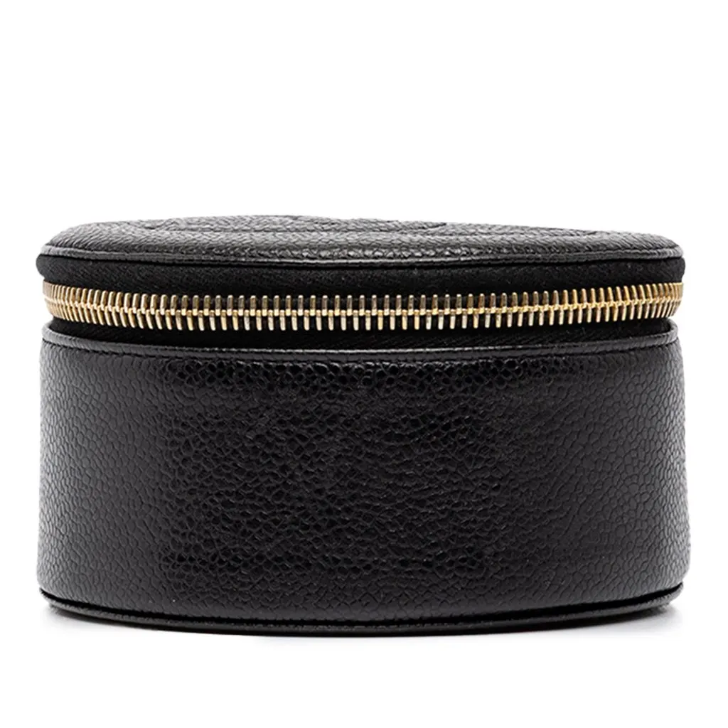 Chanel Caviar Travel Round Jewelry Case Black Leather Very good - Inside View