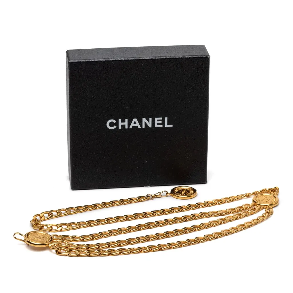 Chanel Gold Plated CC Medallion Triple Chain Belt Gold Metal Very good - Box View
