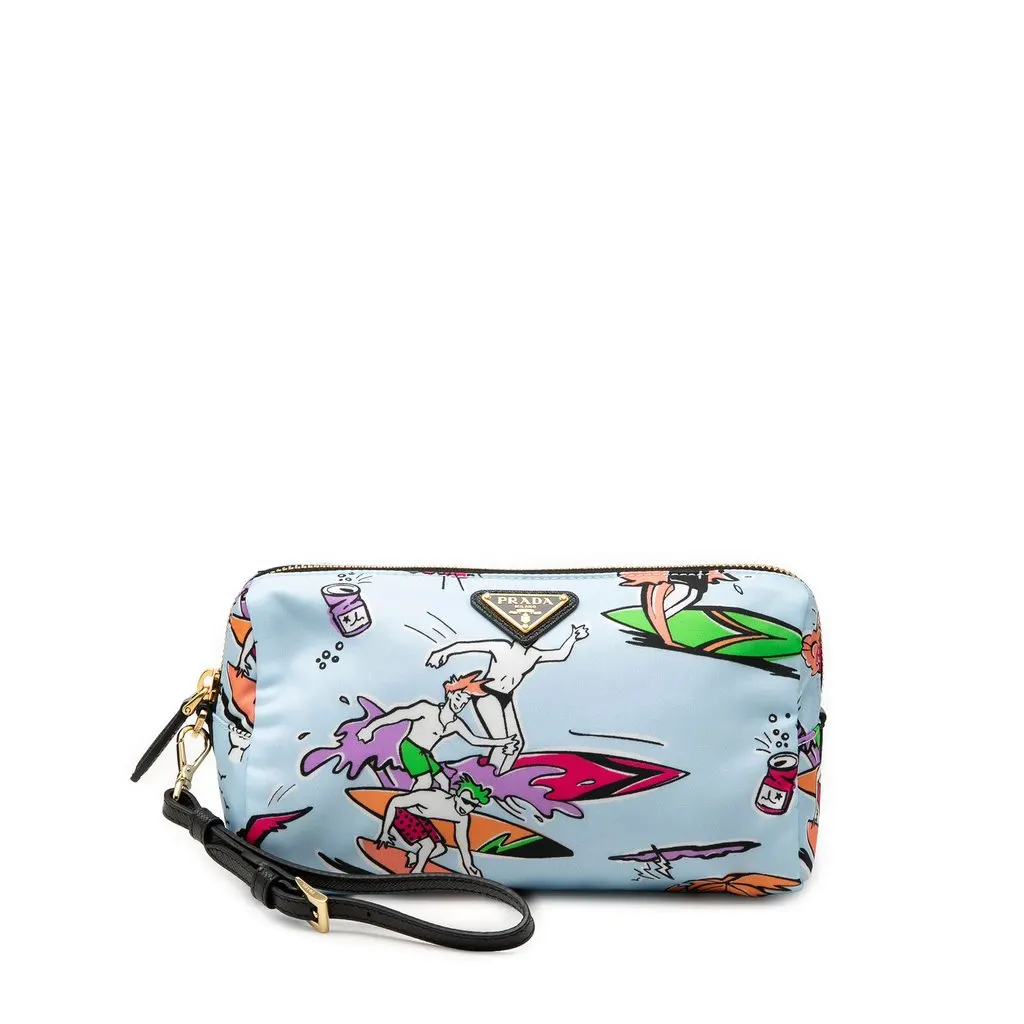 Prada Tessuto Stampato Cosmetic Pouch Blue Very good - Front View