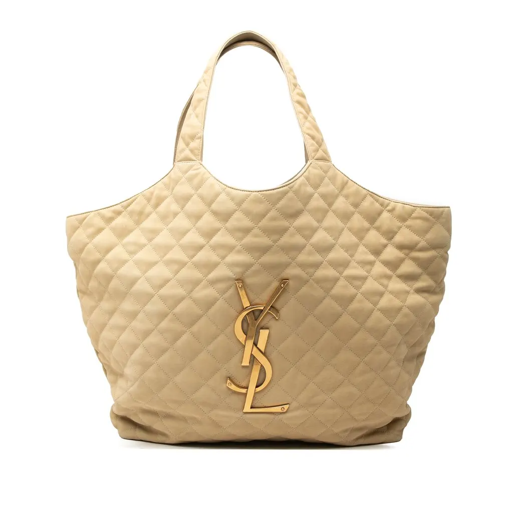 Saint Laurent Maxi Quilted Nubuck Icare Shopping Tote Beige Leather Very good - Front View