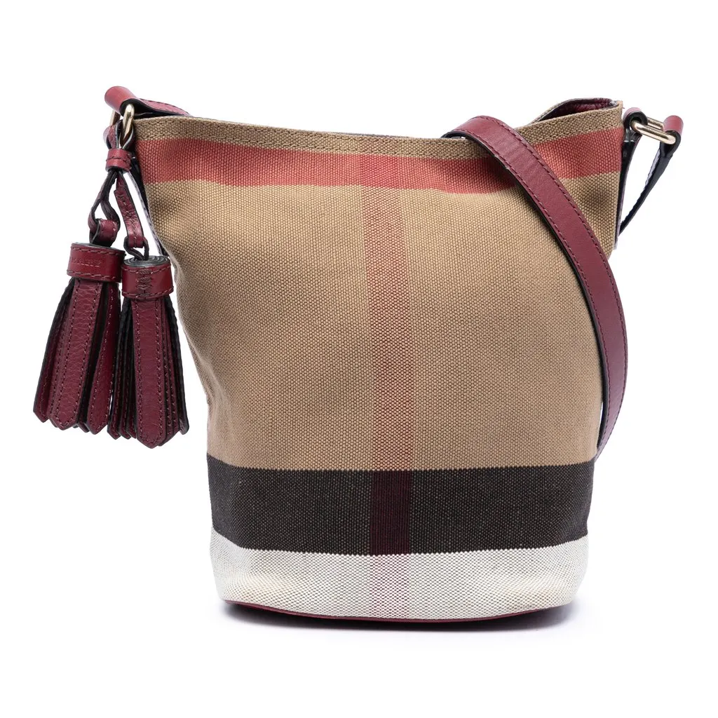 Burberry Mini Mega Check Canvas Ashby Tassel Bucket Bag Brown Very good - Front View
